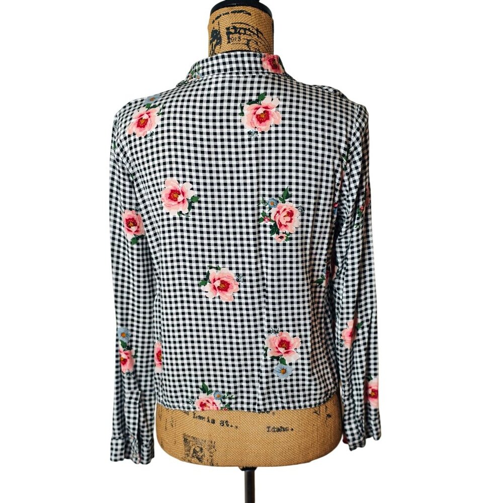 H&M Divided Button-Up Blouse 8 Black Gingham Floral Lng Slv Lightweight Festive - Picture 3 of 6